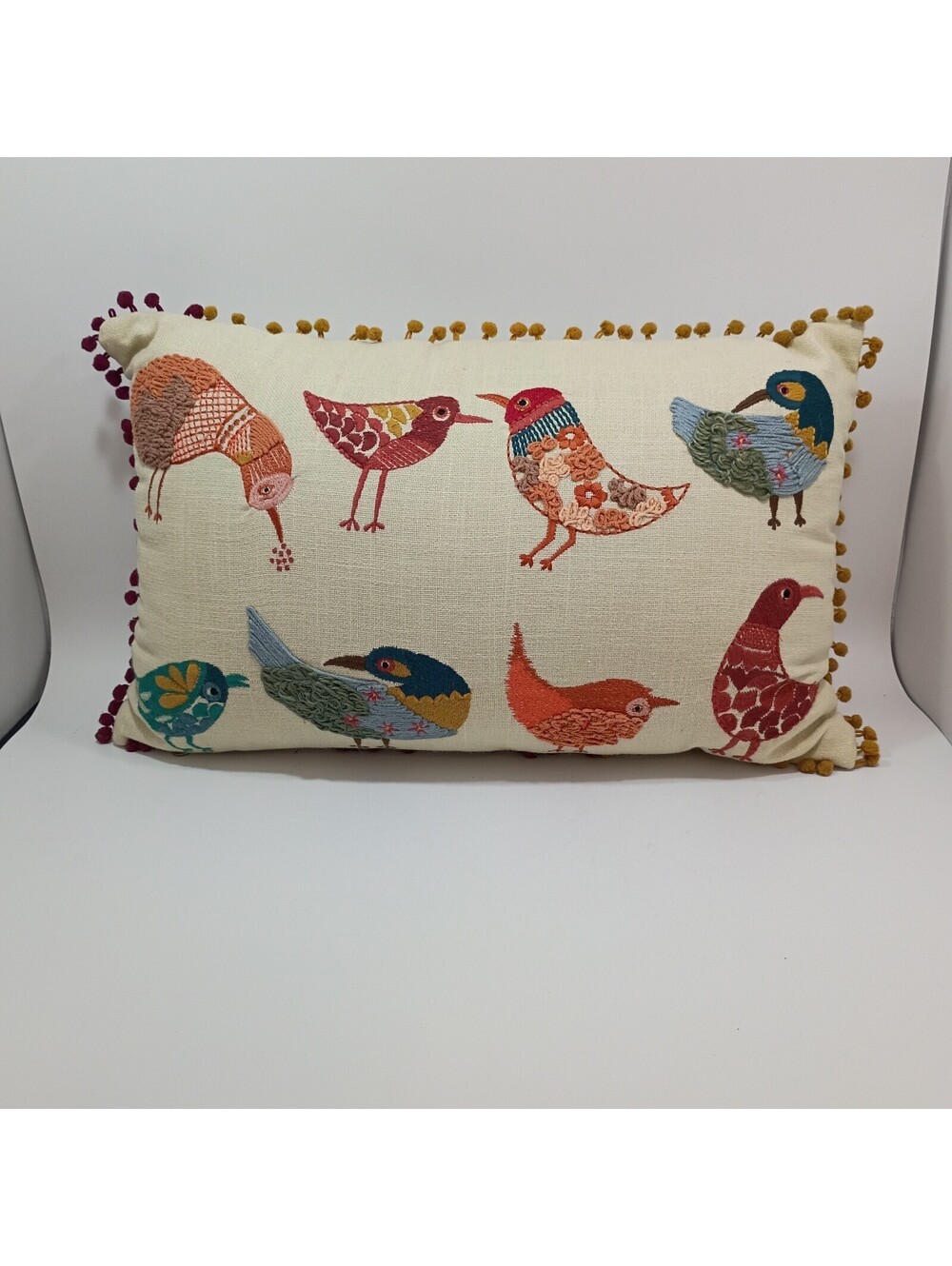 Pier 1 Throw Pillow Cover Cotton Linen Zip Embroidered Birds Pom Poms Lumbar